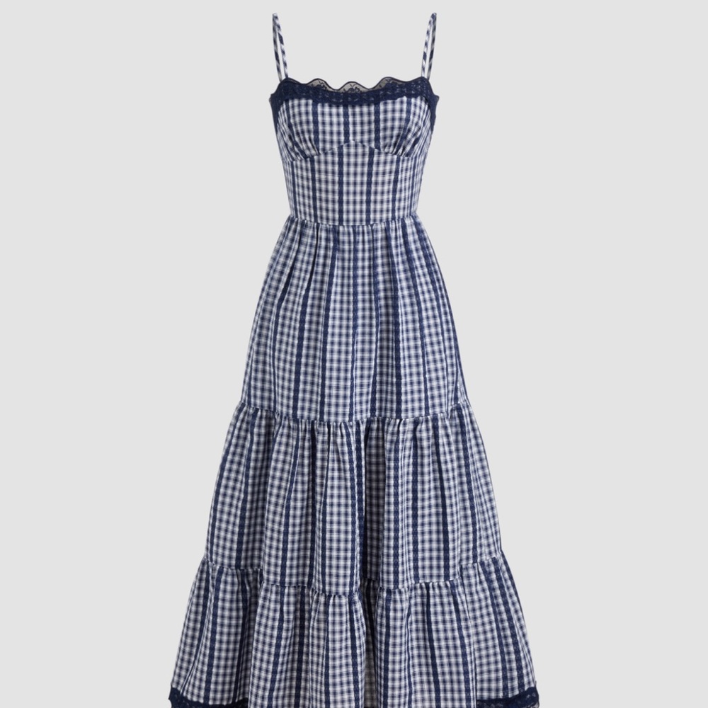 CIDER blue gingham lace trim maxi dress size XL